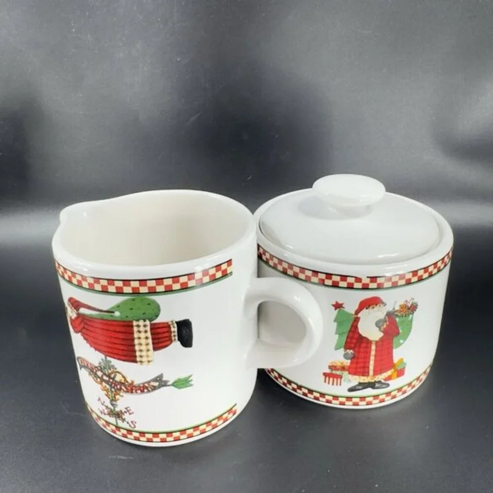 Sakura Magic Of‎ Santa Ceramic Sugar Bowl And Creamer Set Debbie Mumm Stoneware